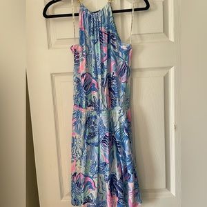 Gorgeous print Lilly Pulitzer romper with gold chain detailing at neckline